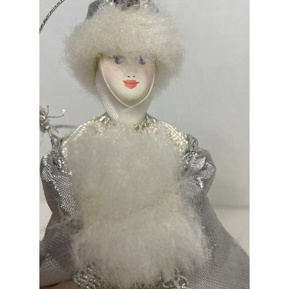 White & Silver Doll Christmas Tree Ornament White Faux Fur Muff & Hat - Picture 5 of 5